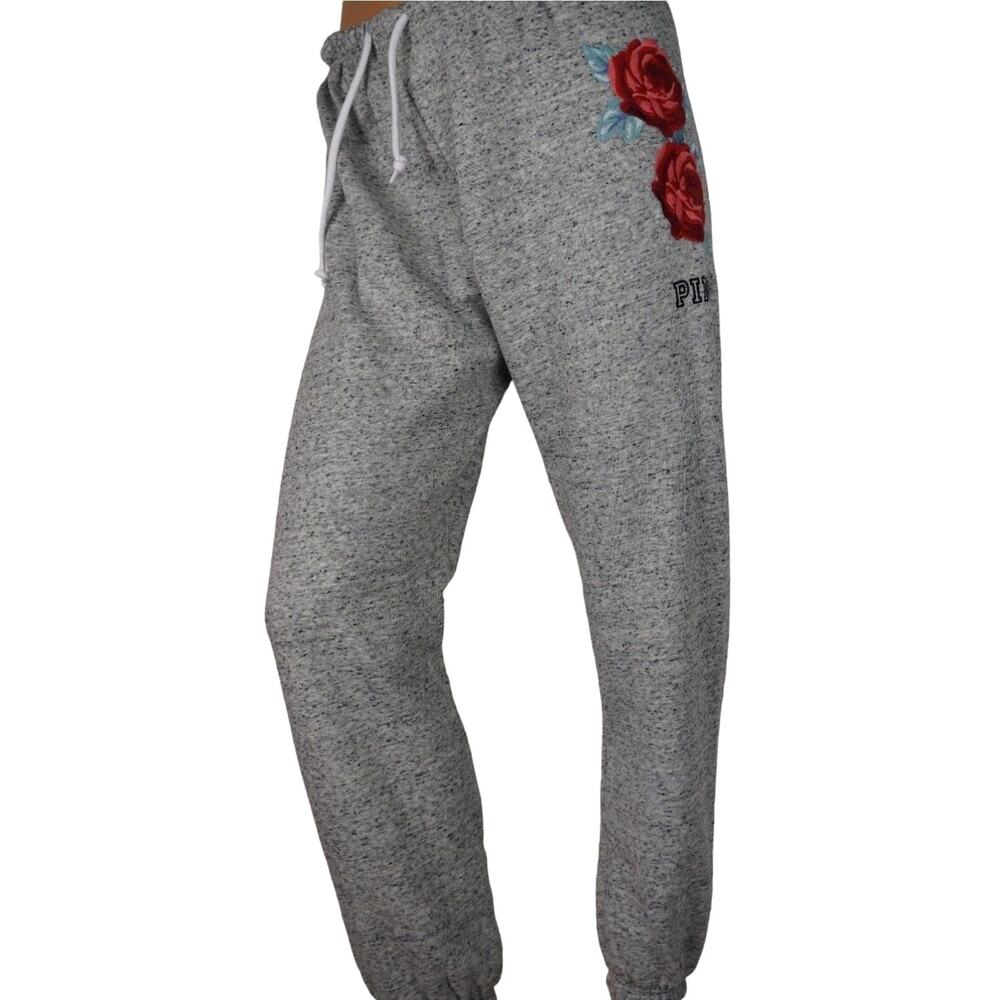 NEW Victoria's Secret PINK Size Small Gray Rose Embroidered Classic Jogger Pants
